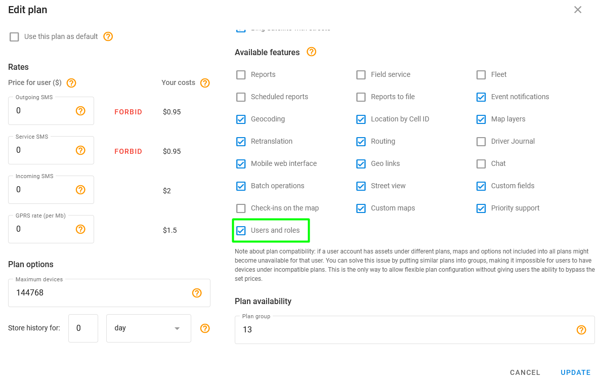Users and roles checkbox